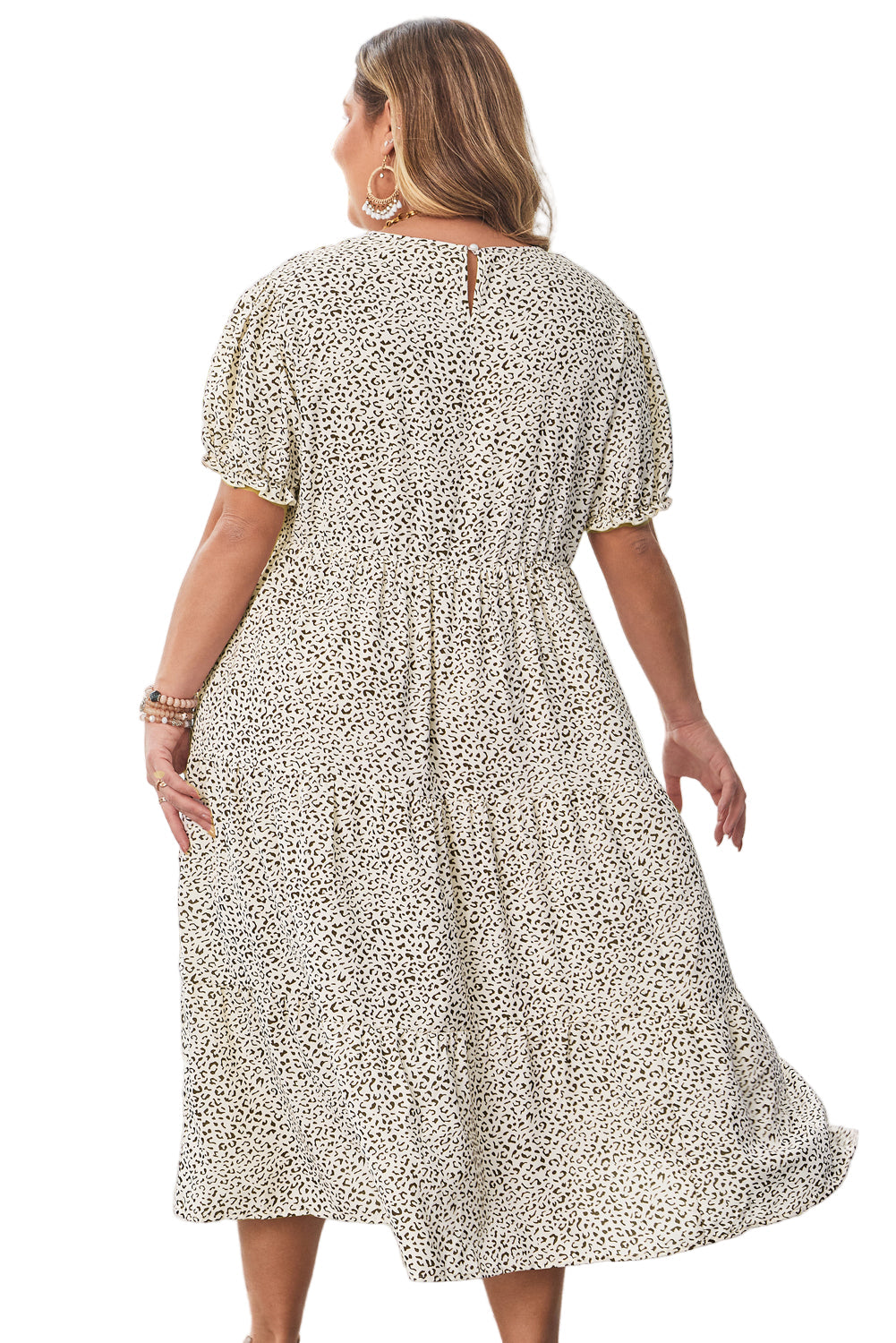 Beige Plus Size Leopard Print Frill Trim Short Sleeve Flared Dress