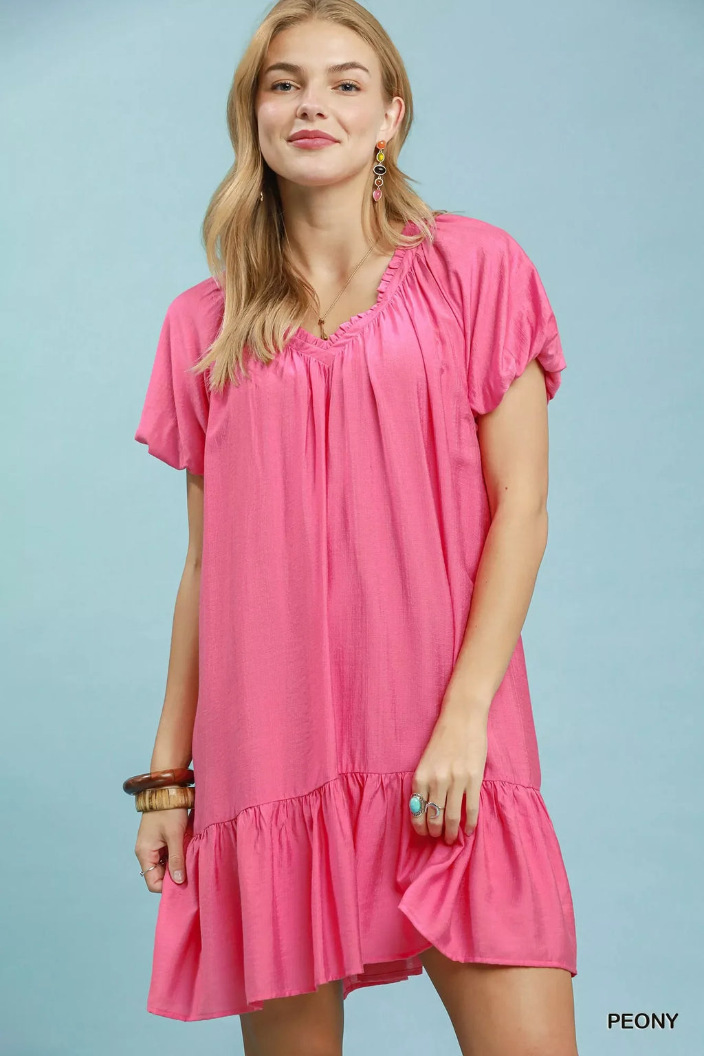 Umgee Ruffle Hem Shift Mini Dress in Peony