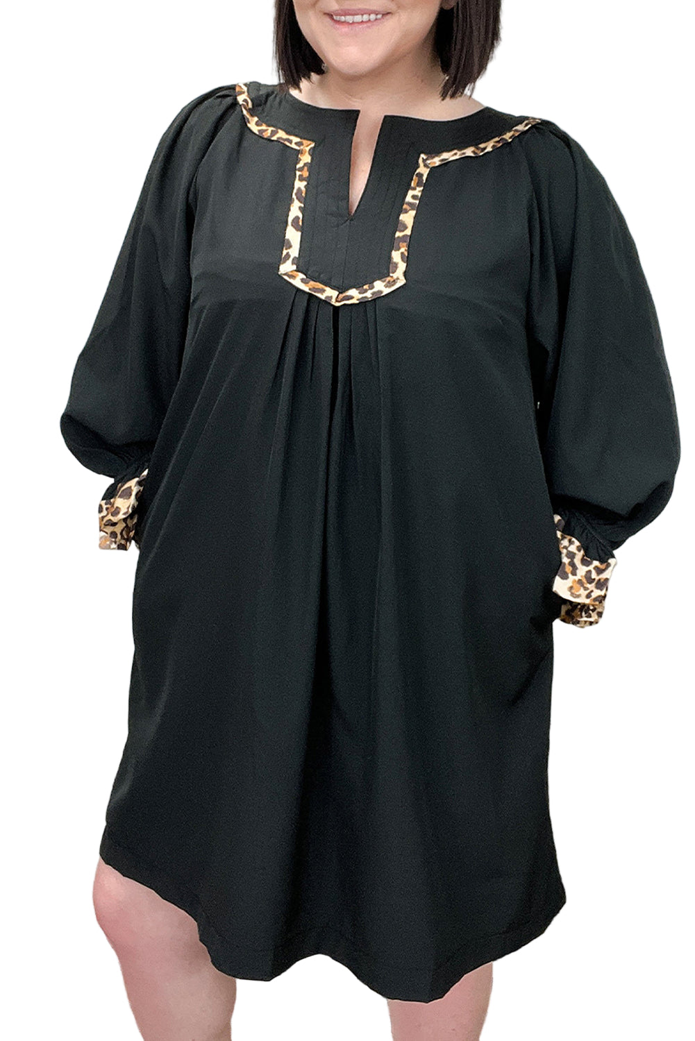 Black Plus Size Notched Neck Leopard Trim Flounce Long Sleeve Shift Dress