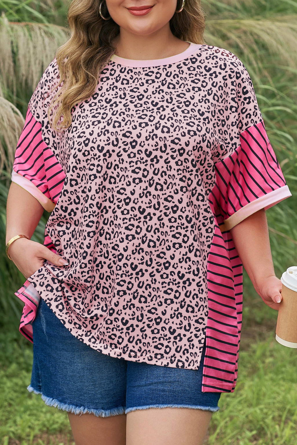 Pink Leopard Striped Contrast Patchwork Plus Size Tee