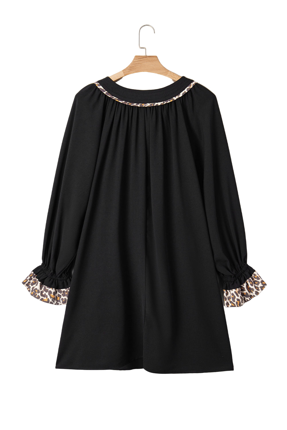 Black Plus Size Notched Neck Leopard Trim Flounce Long Sleeve Shift Dress