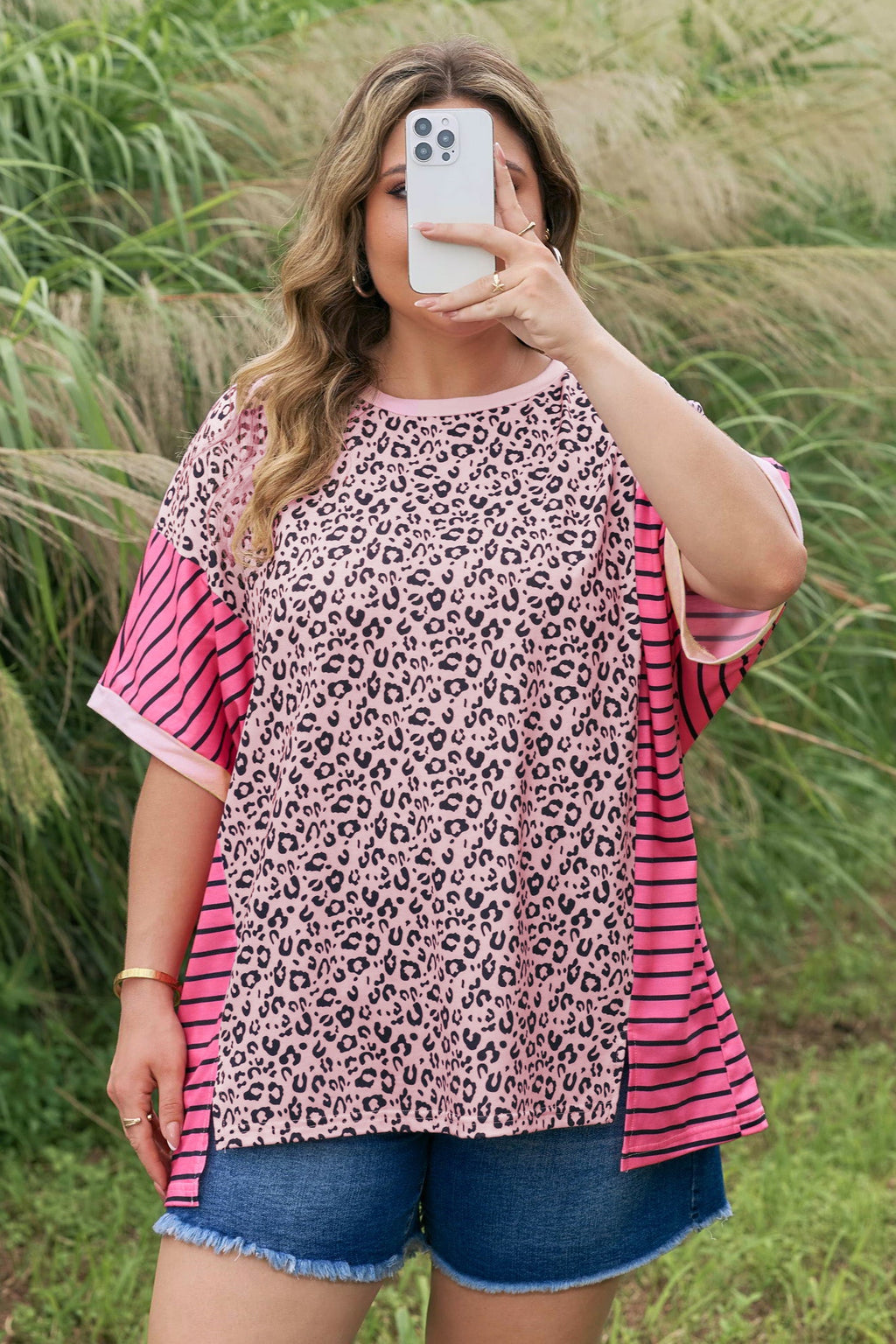 Pink Leopard Striped Contrast Patchwork Plus Size Tee