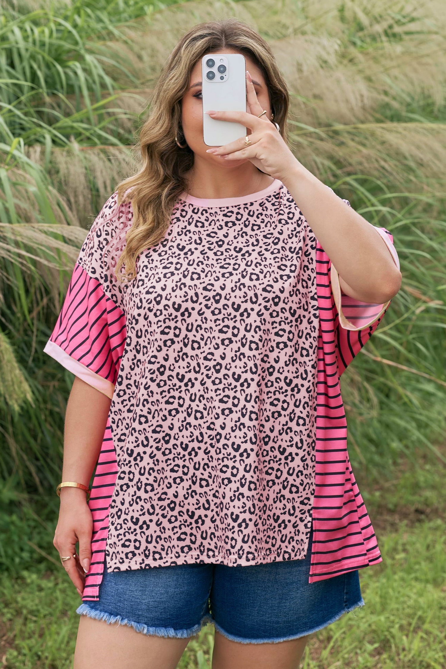 Pink Leopard Striped Contrast Patchwork Plus Size Tee