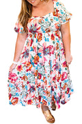 White Floral Square Neck Puff Sleeve Flowy Plus Size Midi Dress