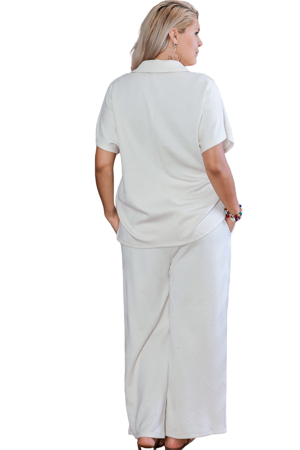 Beige Plus Size Textured Collared Top and Pants Set