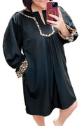 Black Plus Size Notched Neck Leopard Trim Flounce Long Sleeve Shift Dress