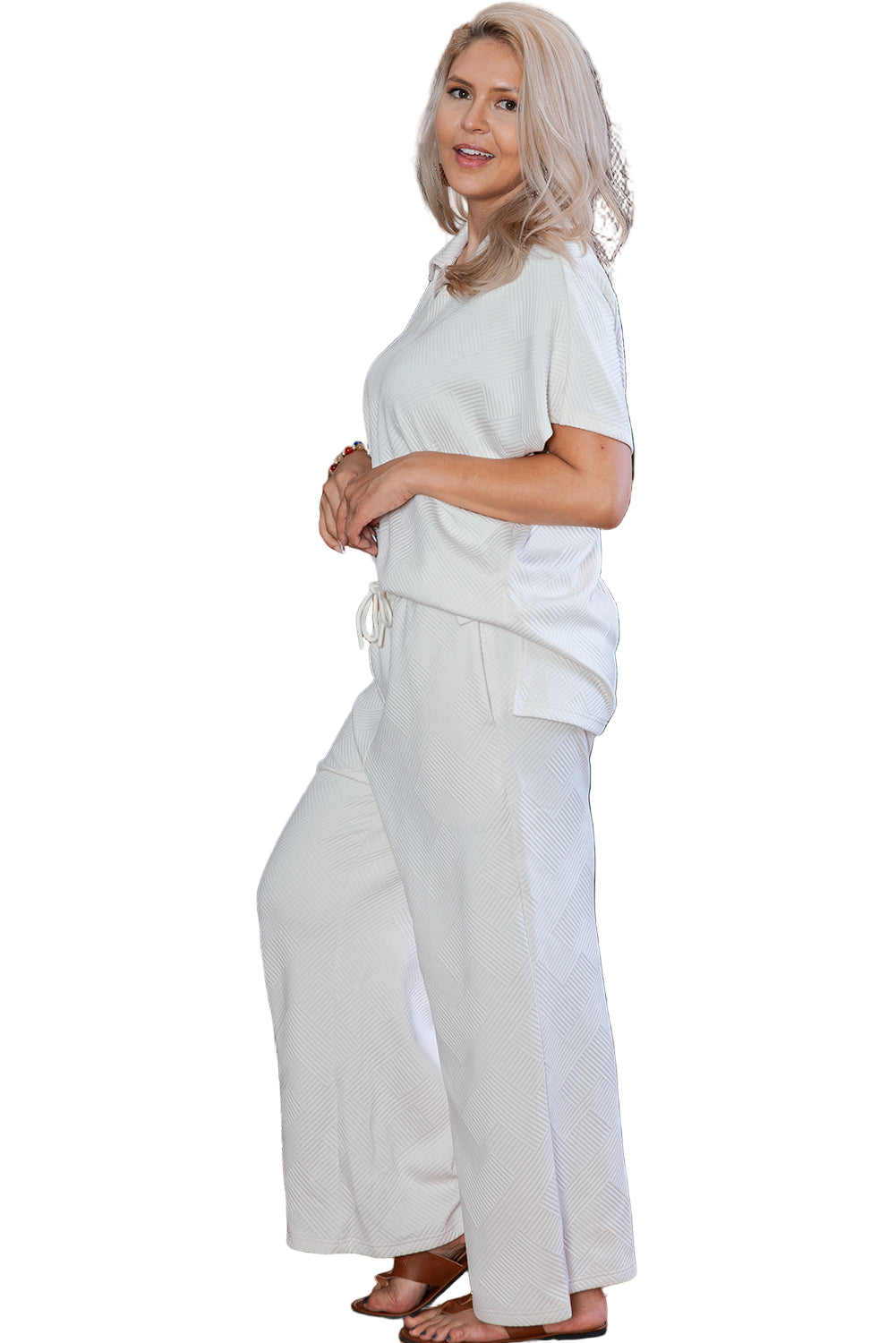 Beige Plus Size Textured Collared Top and Pants Set