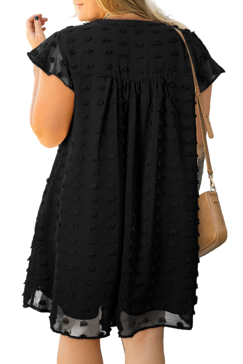 Black Dotty Textured Notched Neck Plus Ruffled Dress