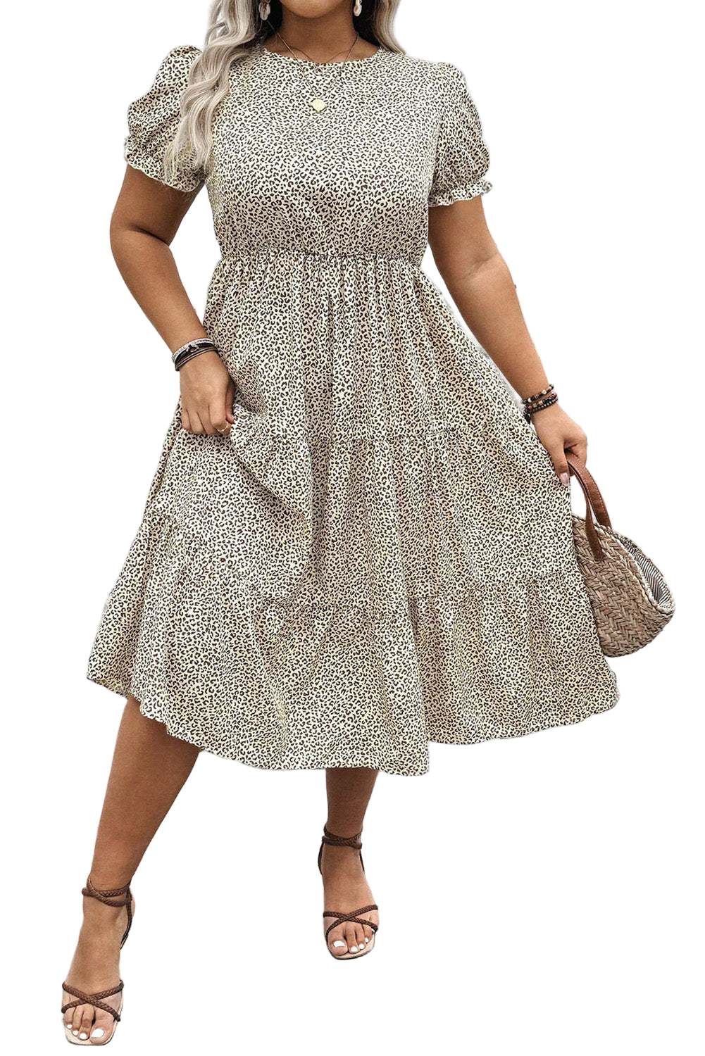 Beige Plus Size Leopard Print Frill Trim Short Sleeve Flared Dress