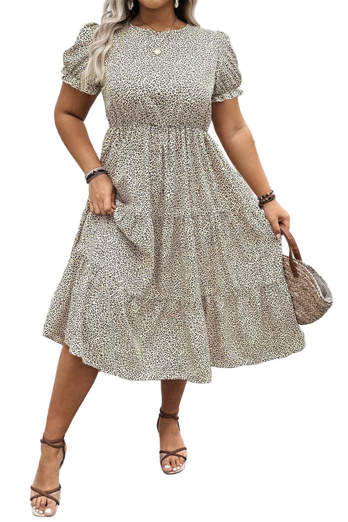 Beige Plus Size Leopard Print Frill Trim Short Sleeve Flared Dress
