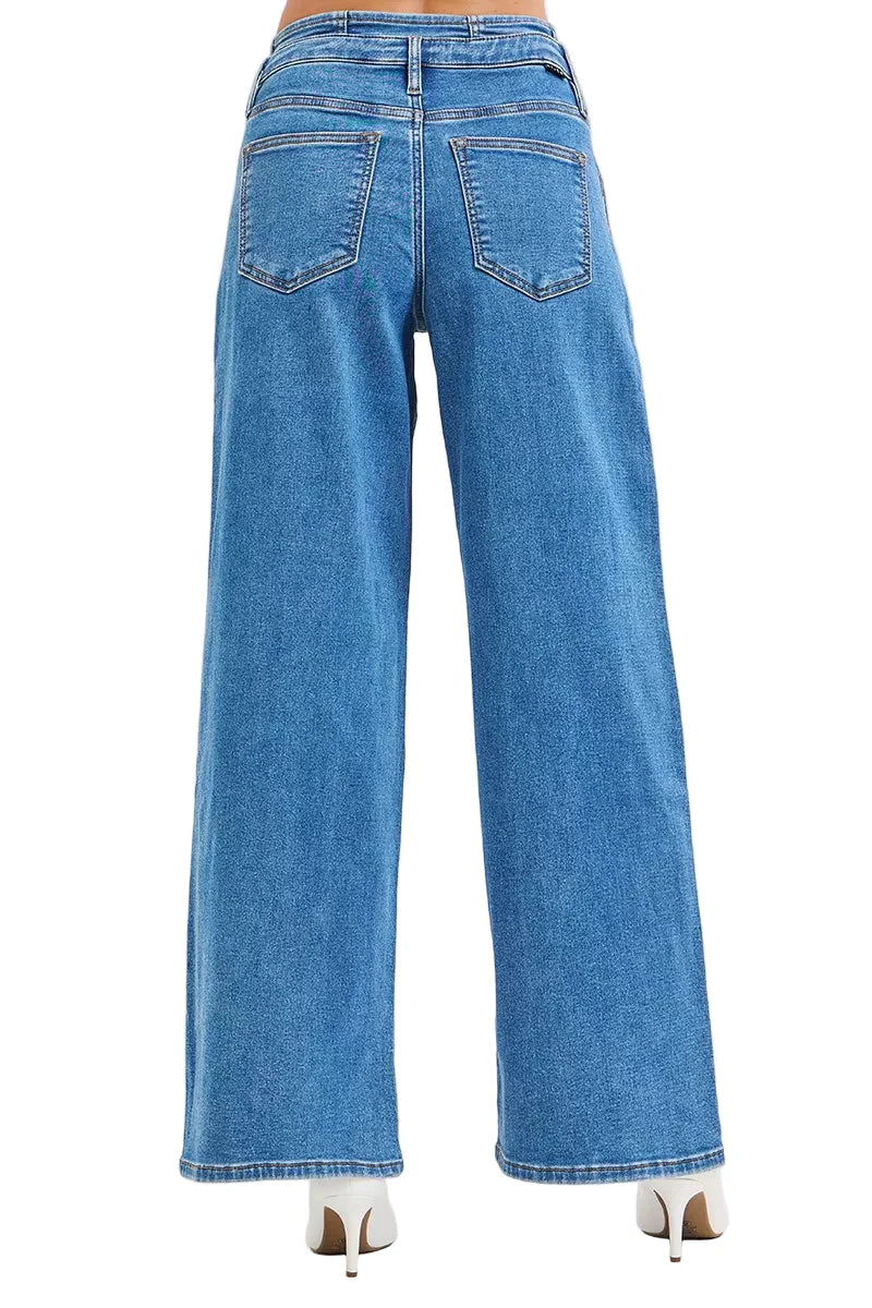 RISEN Full Size Mid Rise Fit Wide Leg with Pleated Detail Jeans Plus Size