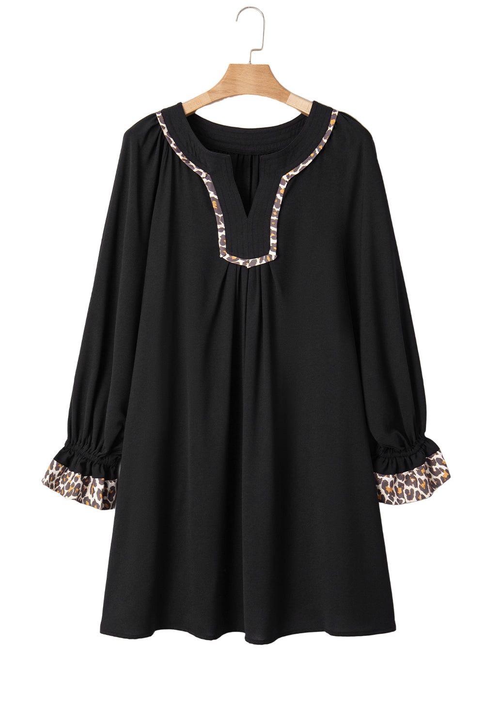 Black Plus Size Notched Neck Leopard Trim Flounce Long Sleeve Shift Dress